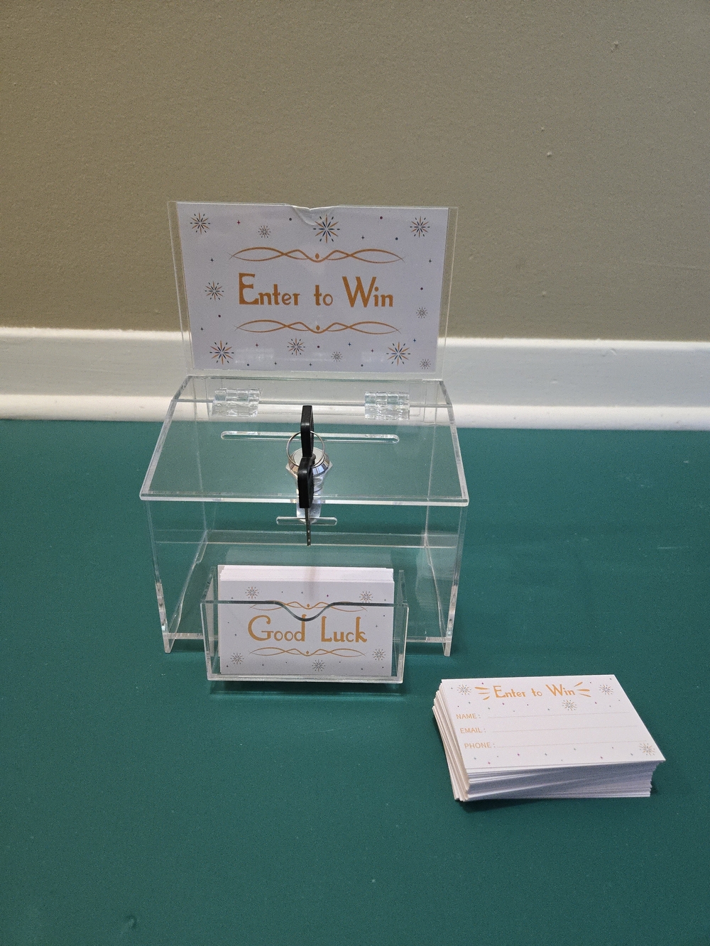 Clear Acrylic Raffle Box with Sign and Tickets